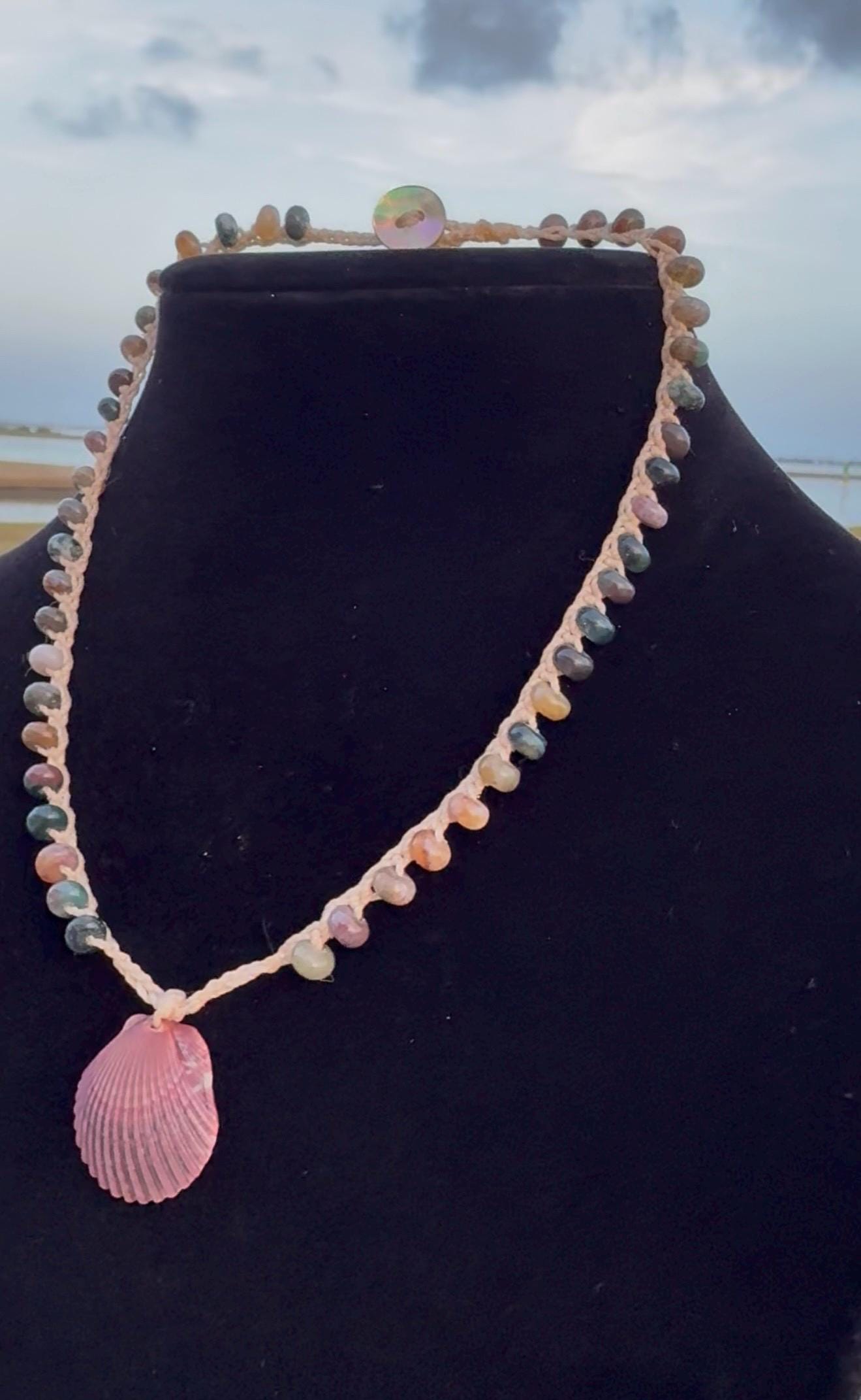 18” jasper handmade necklace/ Atlantic scallop shell