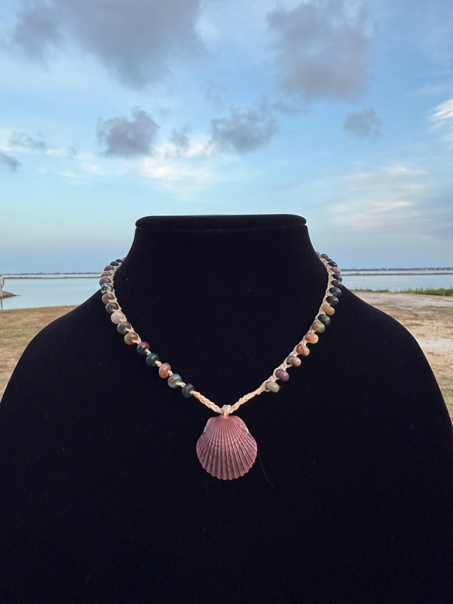 18” jasper handmade necklace/ Atlantic scallop shell