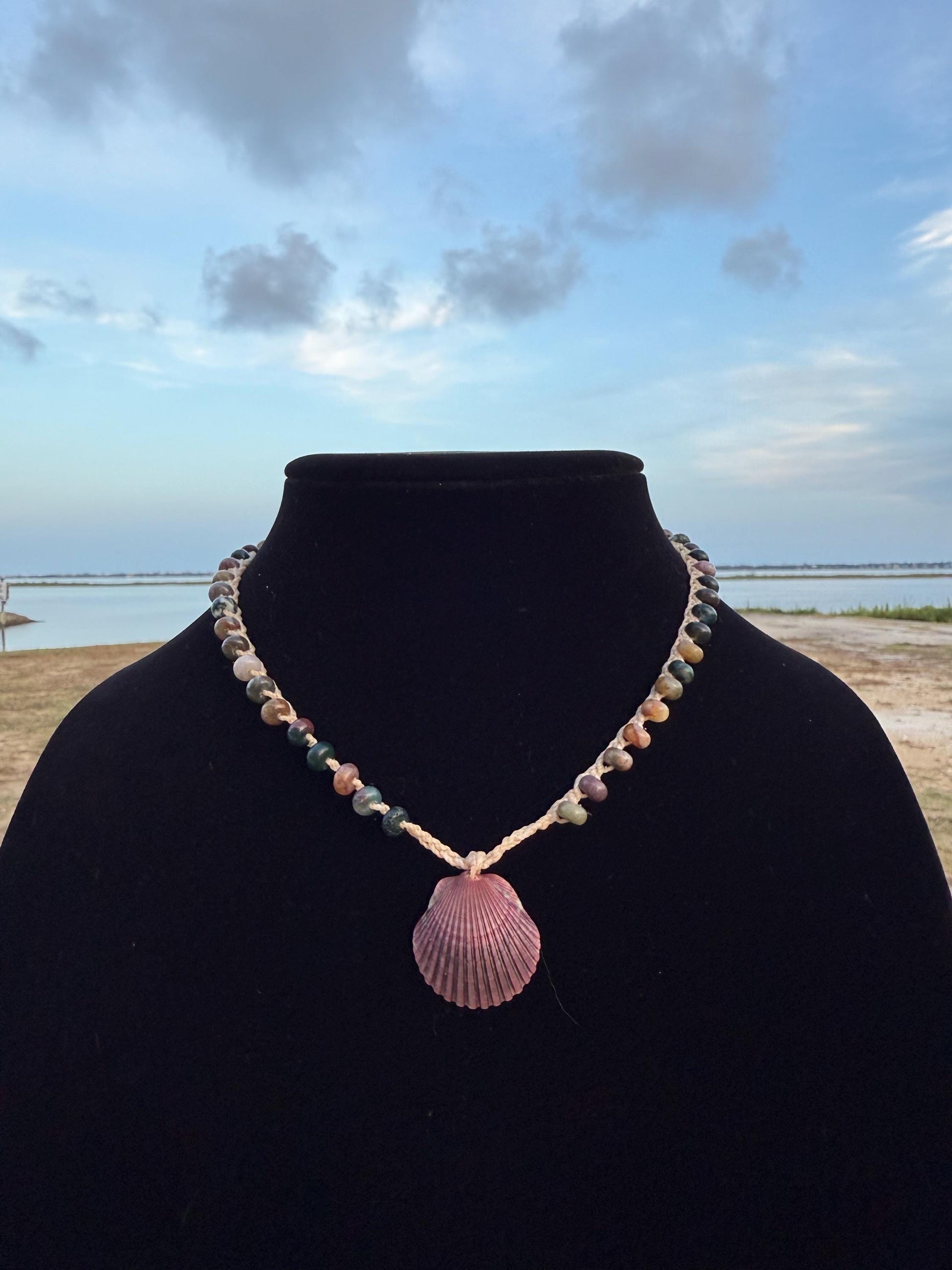 18” jasper handmade necklace/ Atlantic scallop shell