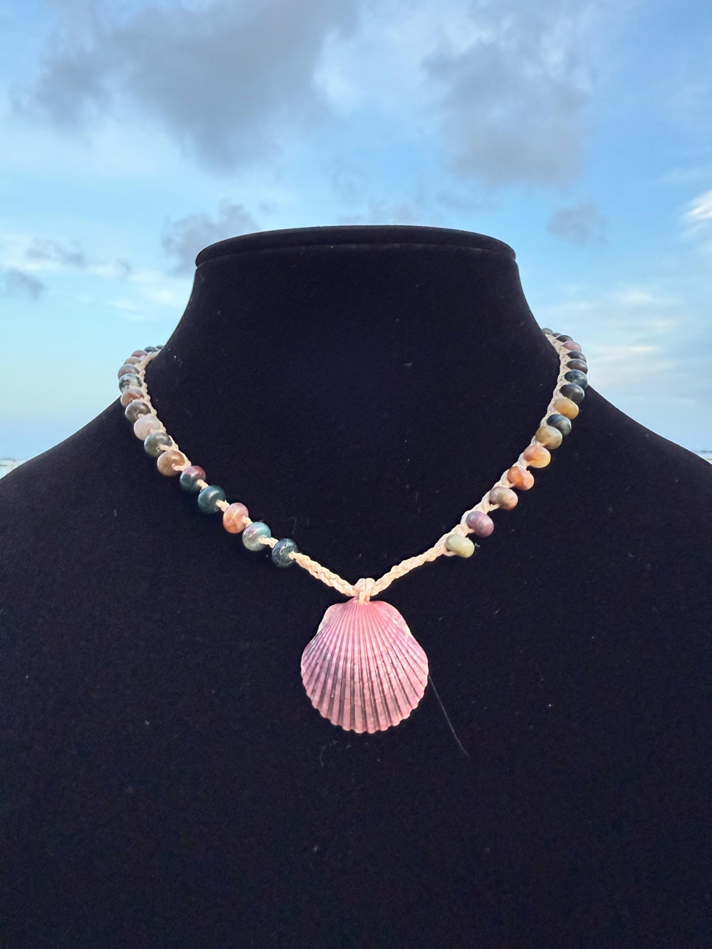 18” jasper handmade necklace/ Atlantic scallop shell