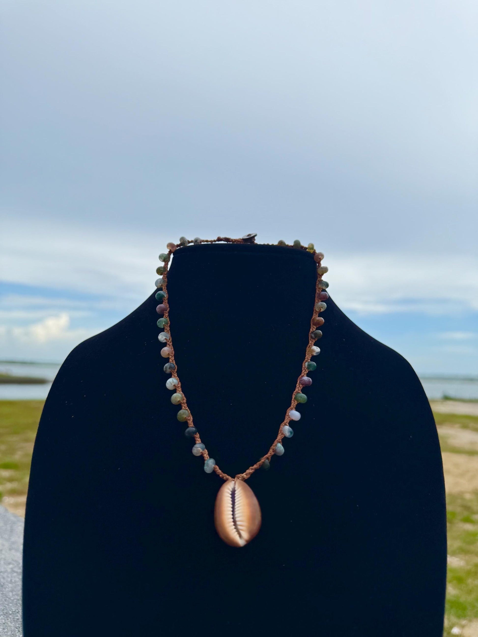 18” fancy jasper handmade necklace/ serpent head cowrie