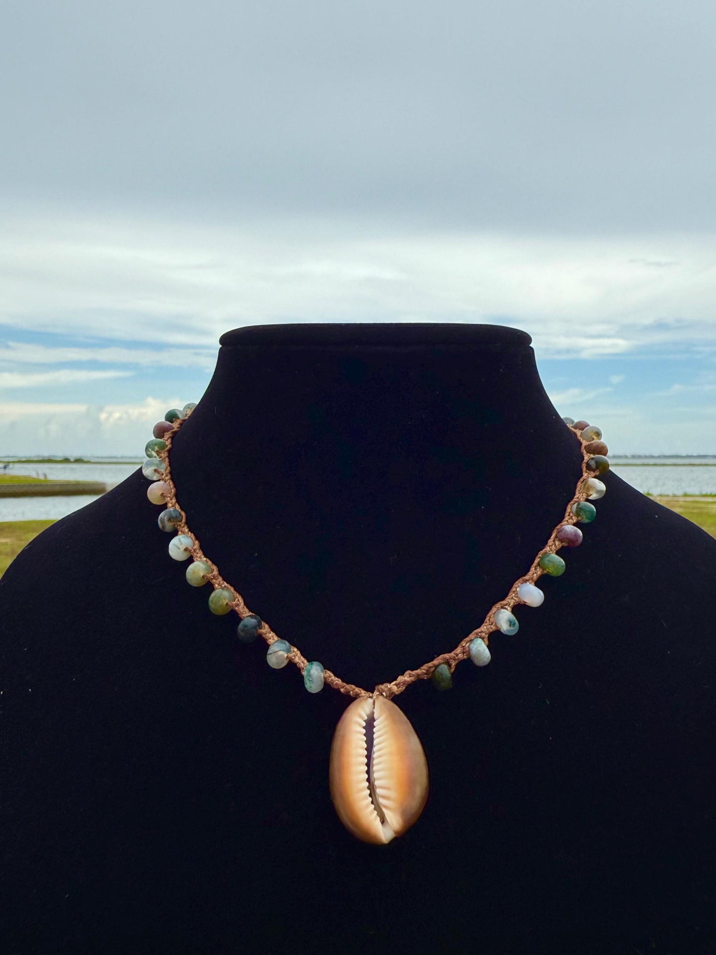 18” fancy jasper handmade necklace/ serpent head cowrie