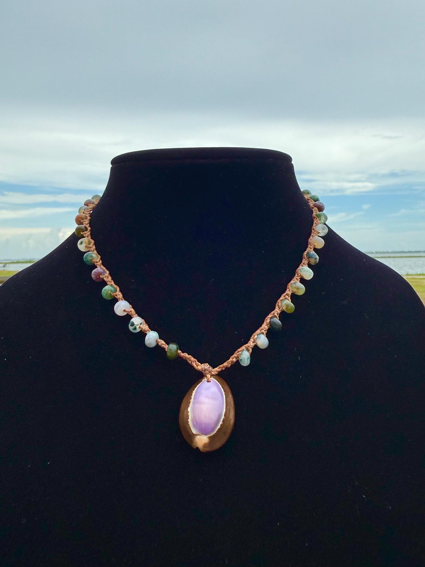 18” fancy jasper handmade necklace/ serpent head cowrie