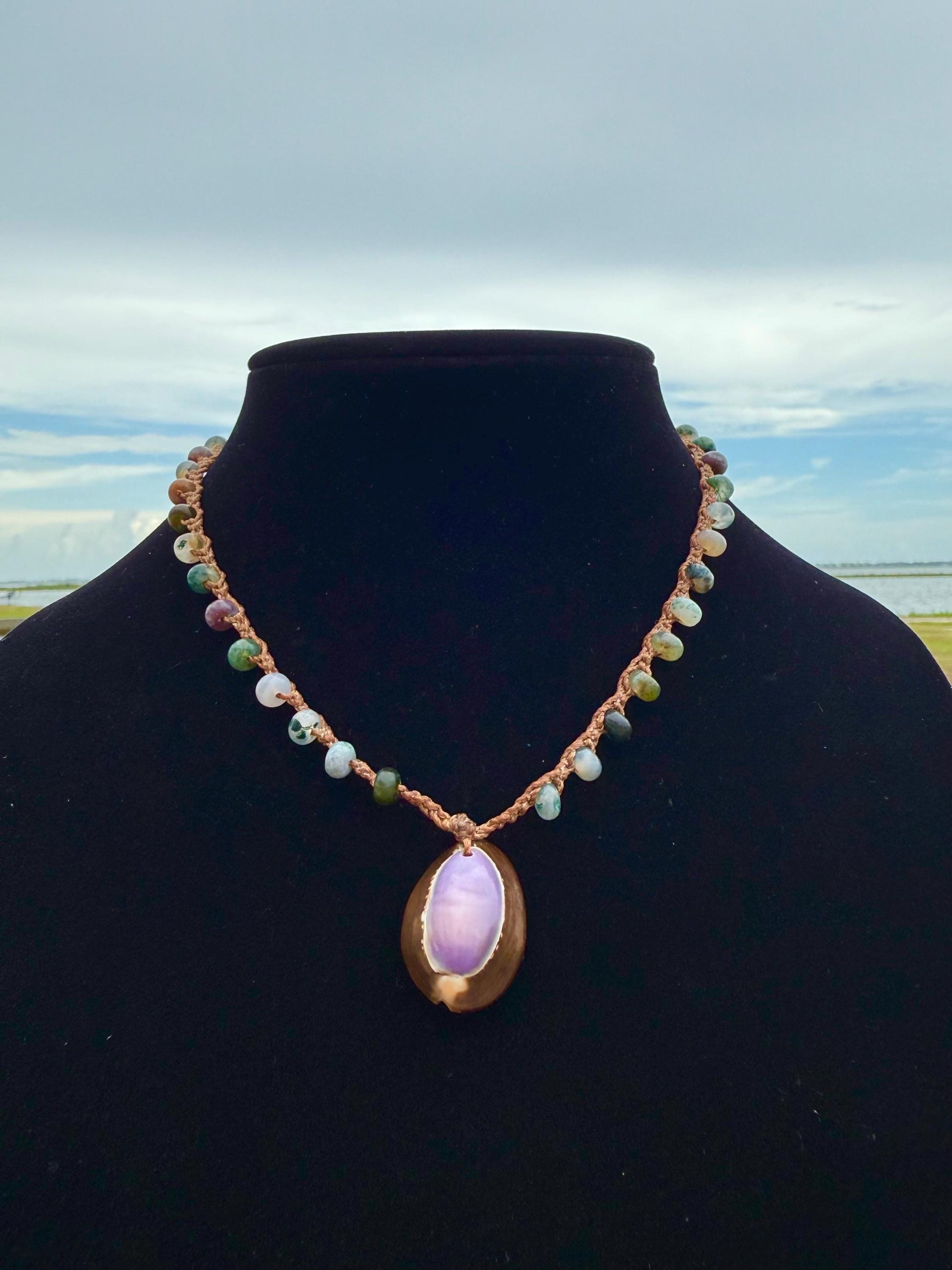 18” fancy jasper handmade necklace/ serpent head cowrie