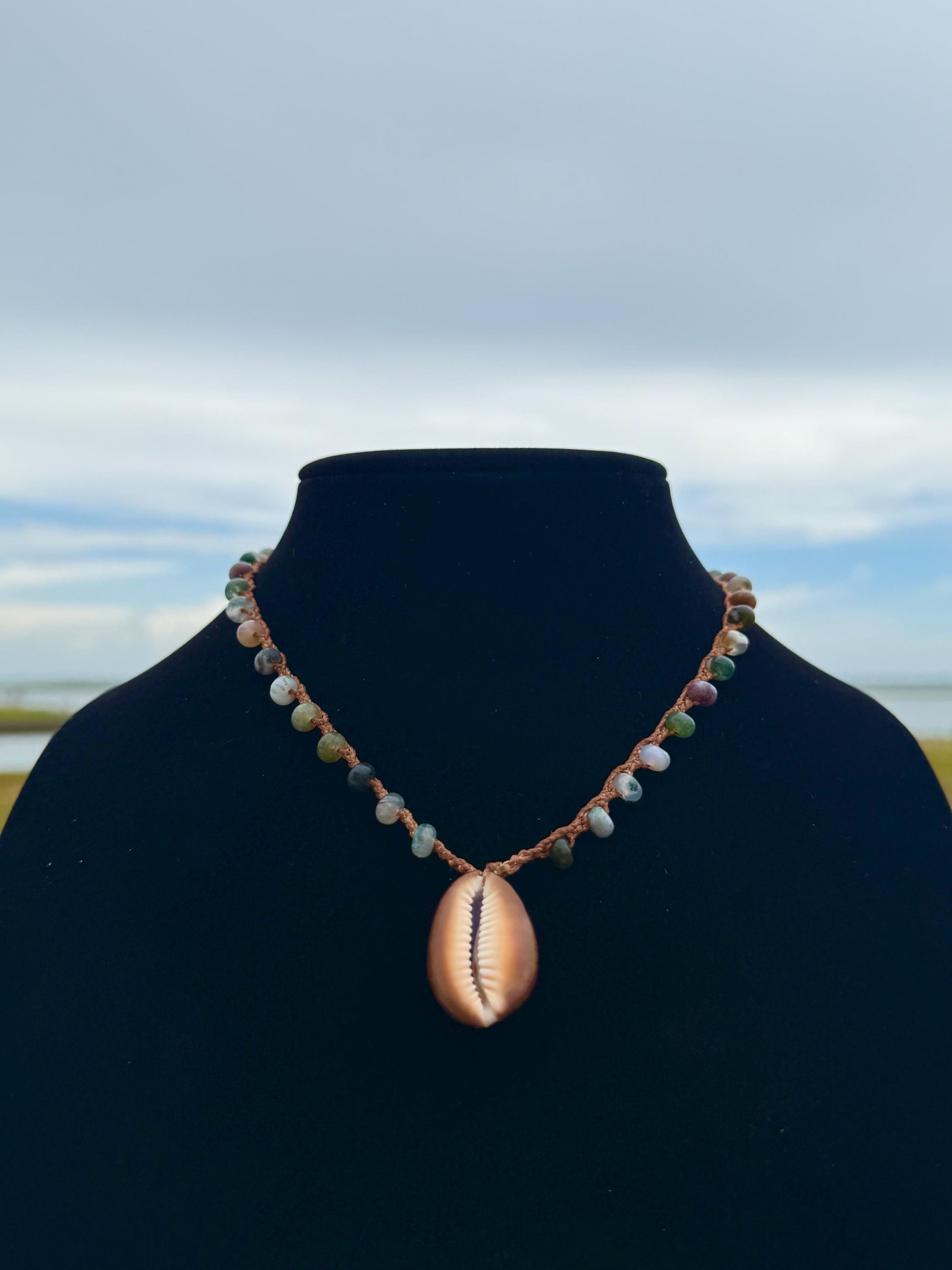 18” fancy jasper handmade necklace/ serpent head cowrie