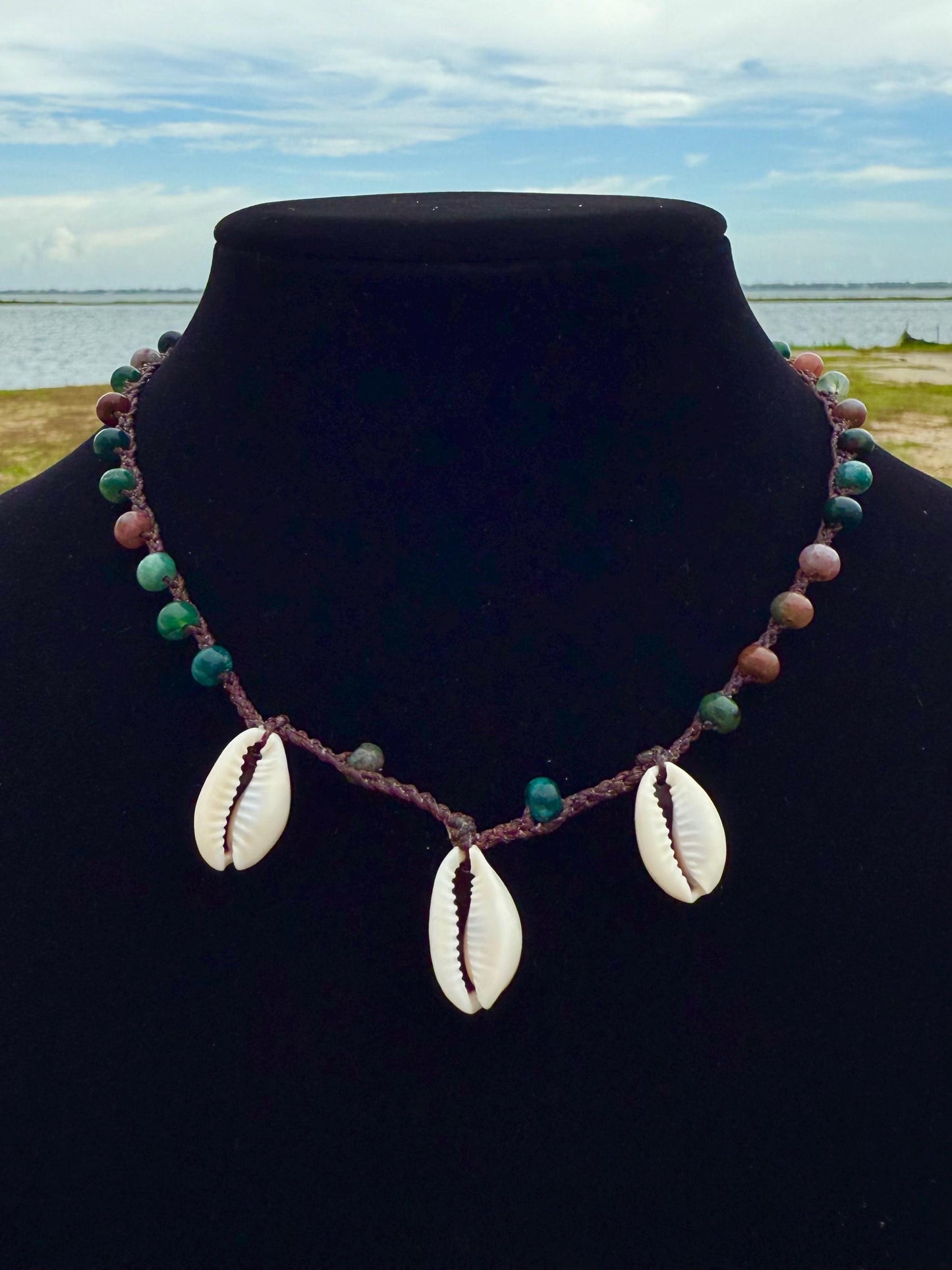 18” jasper triple cowrie handmade necklace