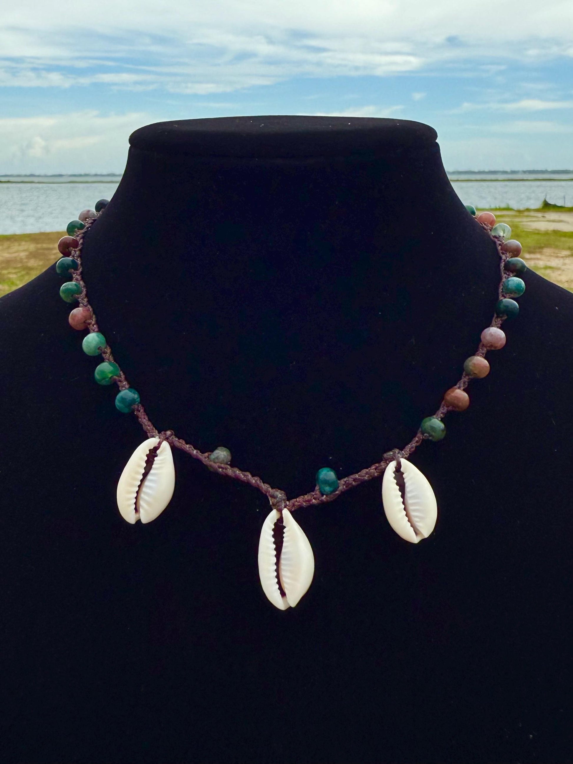 18” jasper triple cowrie handmade necklace