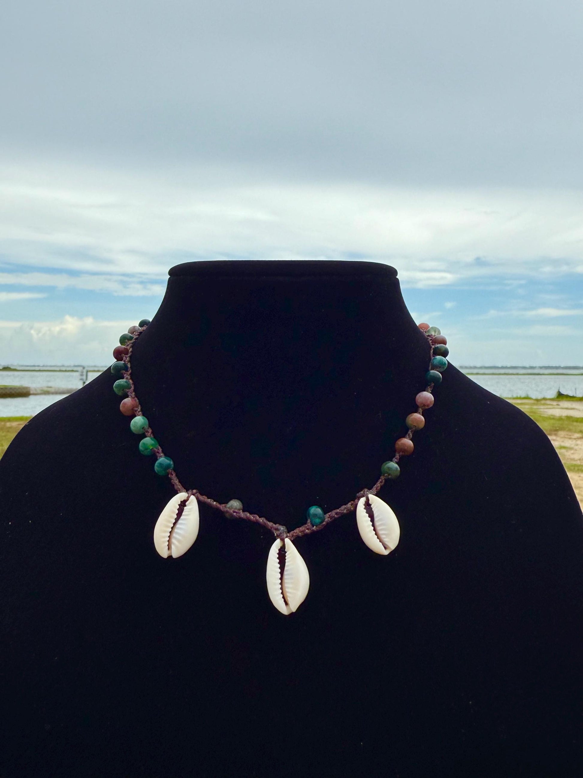 18” jasper triple cowrie handmade necklace