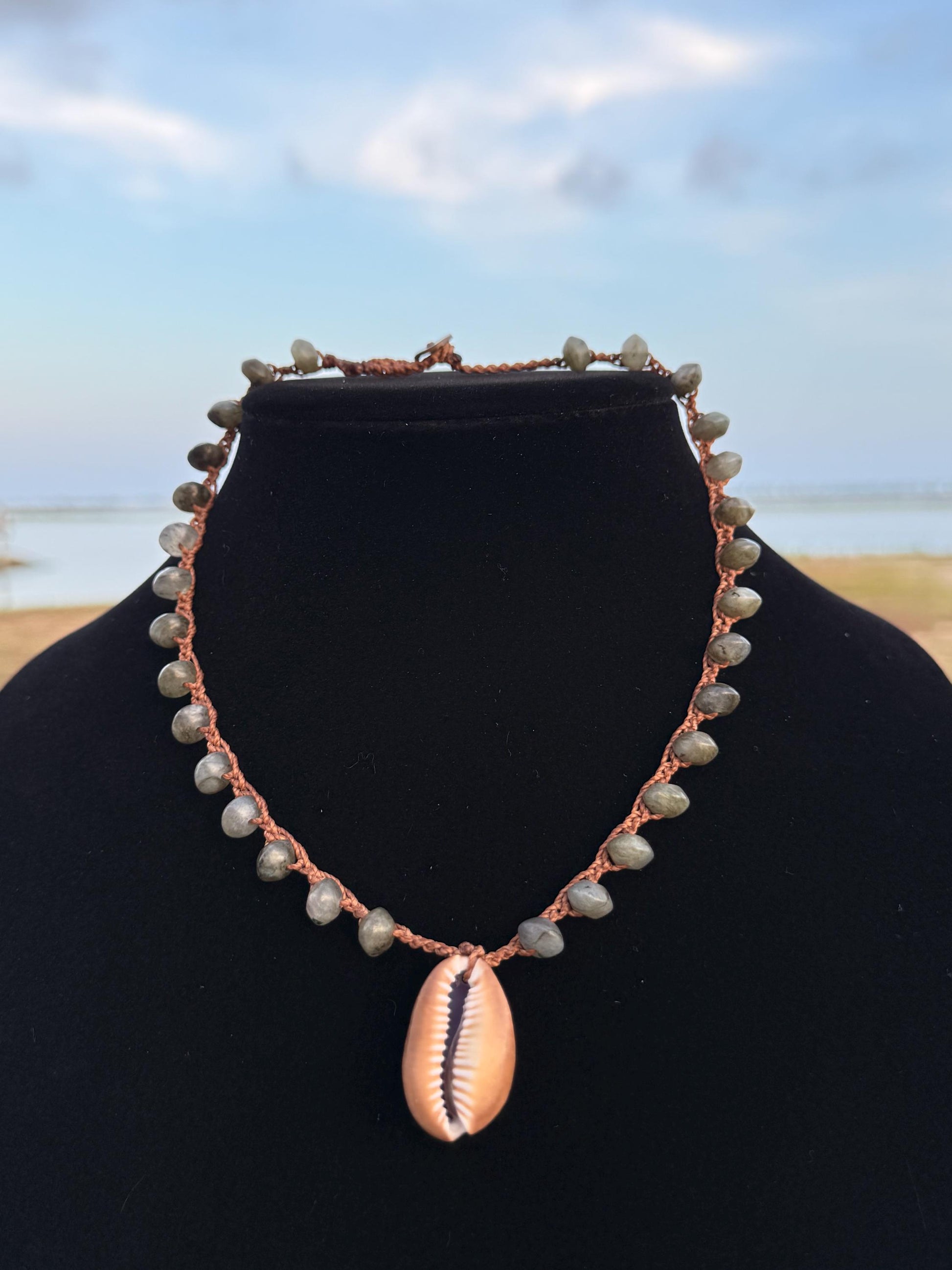 18” labradorite handmade necklace/ serpent head cowrie