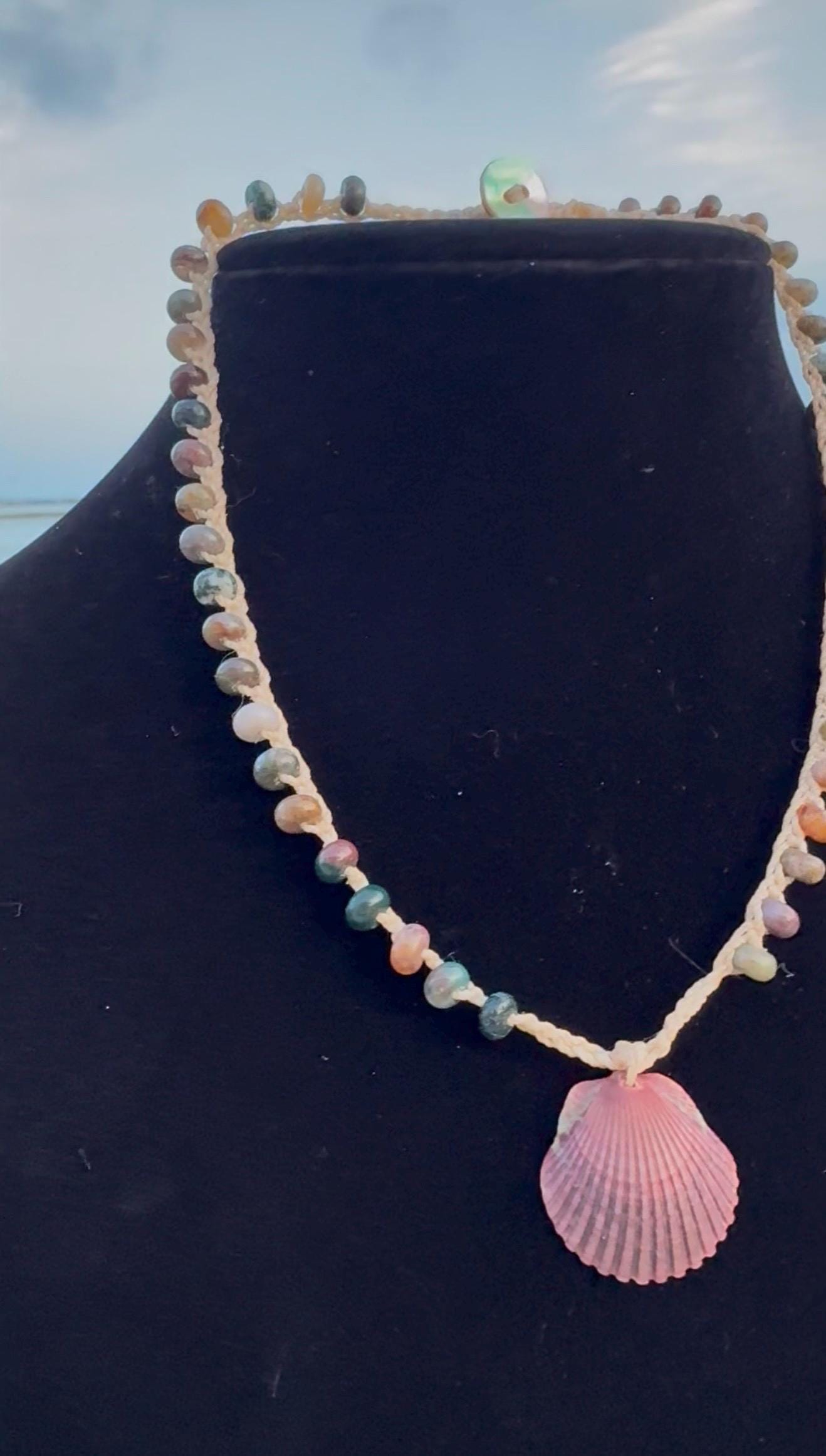 18” jasper handmade necklace/ Atlantic scallop shell