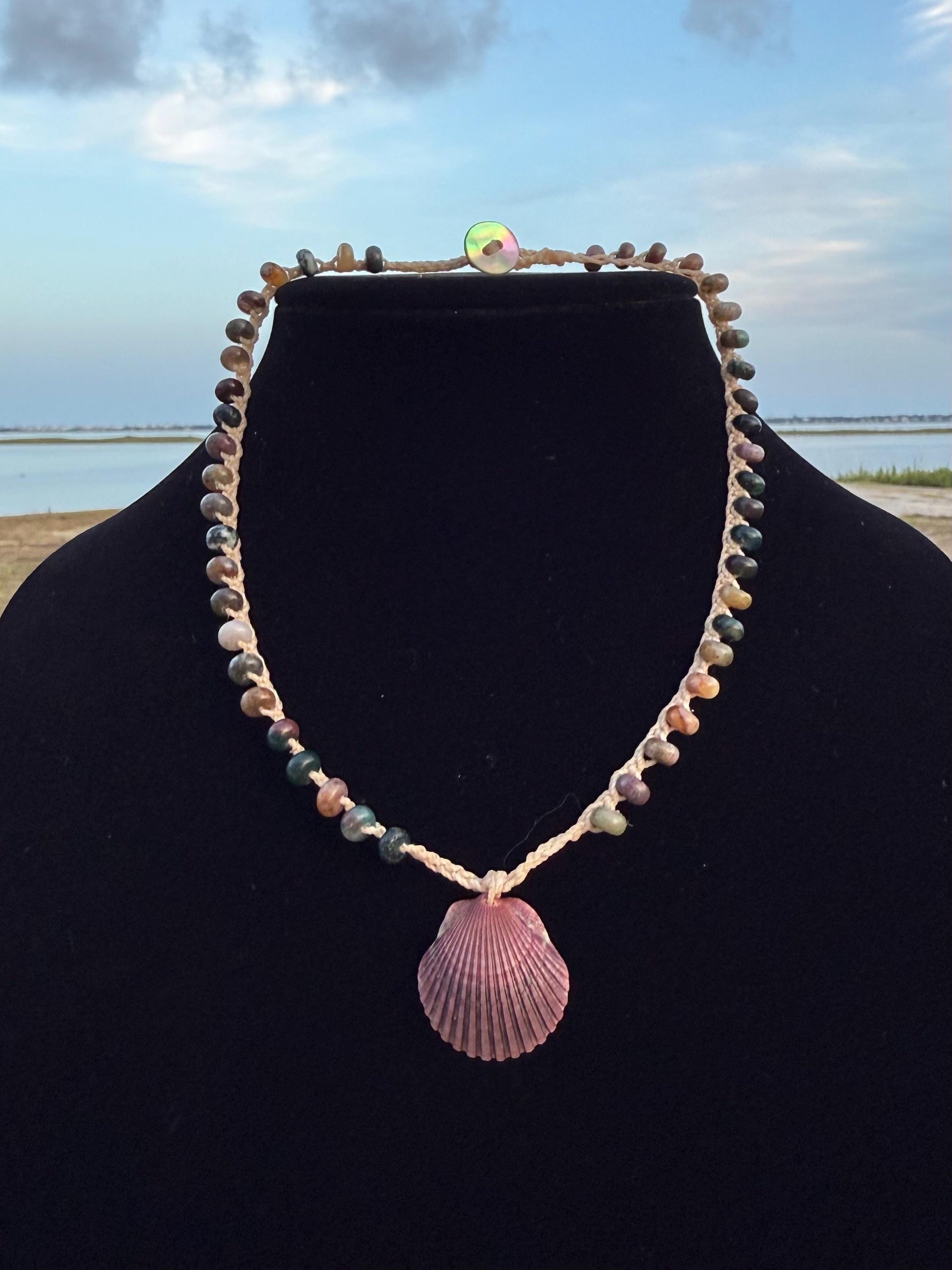 18” jasper handmade necklace/ Atlantic scallop shell