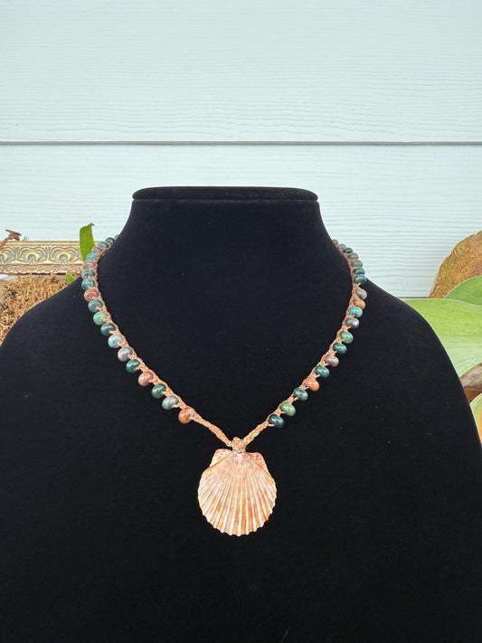 18” Indian agate handmade necklace/ Atlantic calico scallop & pearl