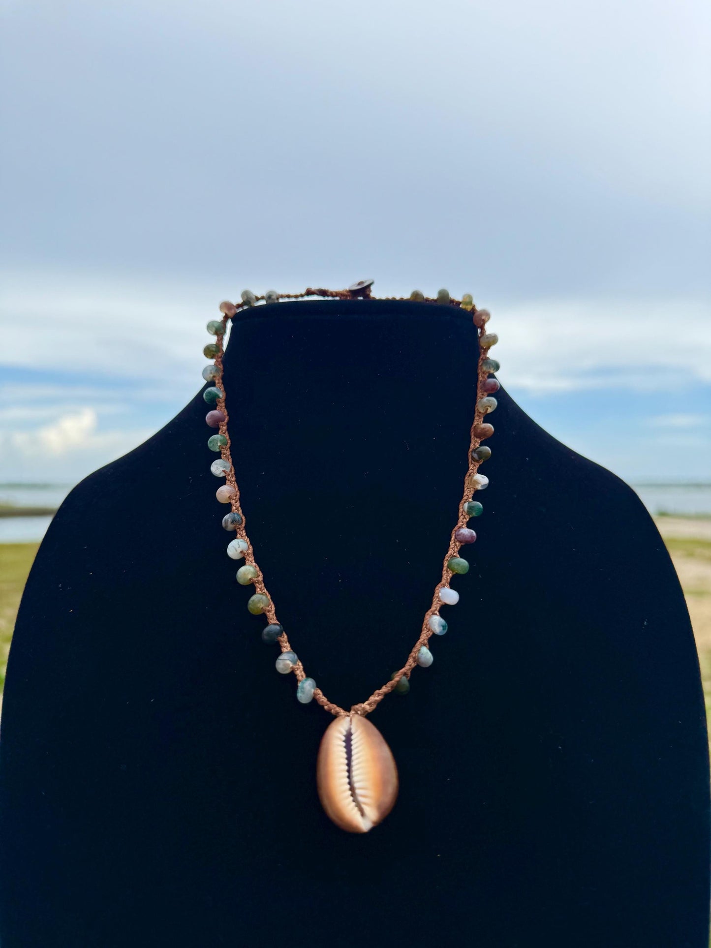 18” fancy jasper handmade necklace/ serpent head cowrie