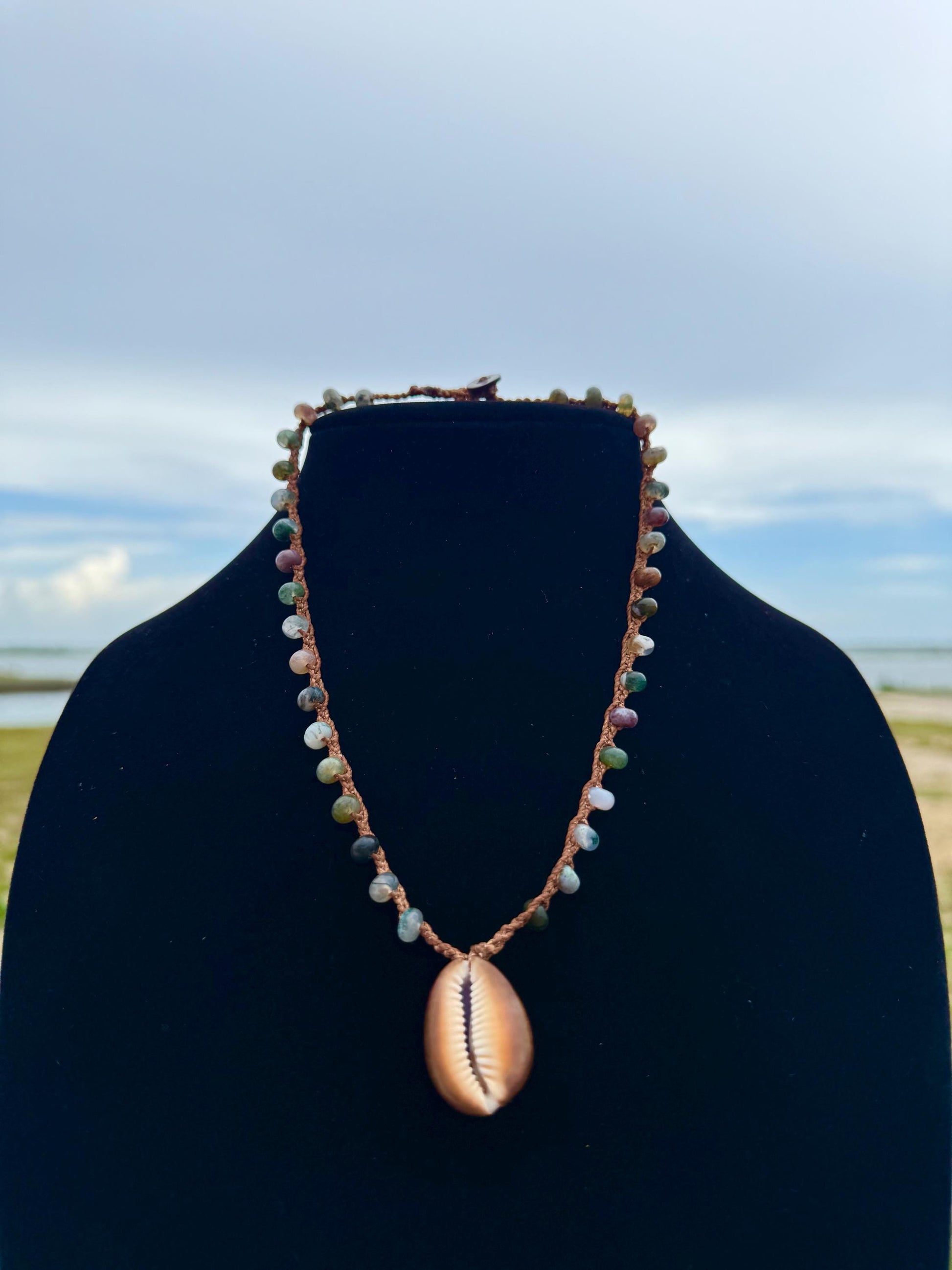 18” fancy jasper handmade necklace/ serpent head cowrie