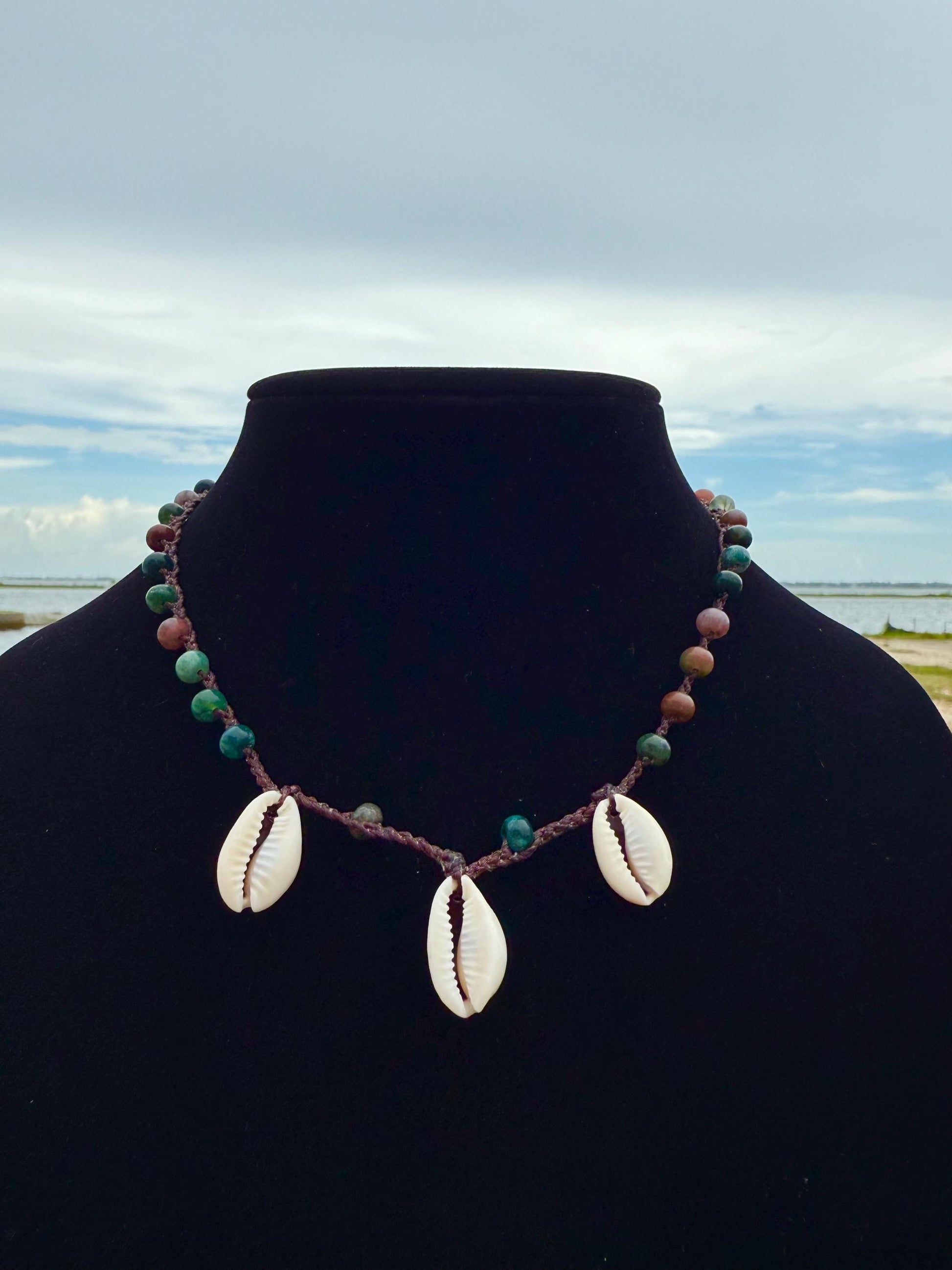18” jasper triple cowrie handmade necklace