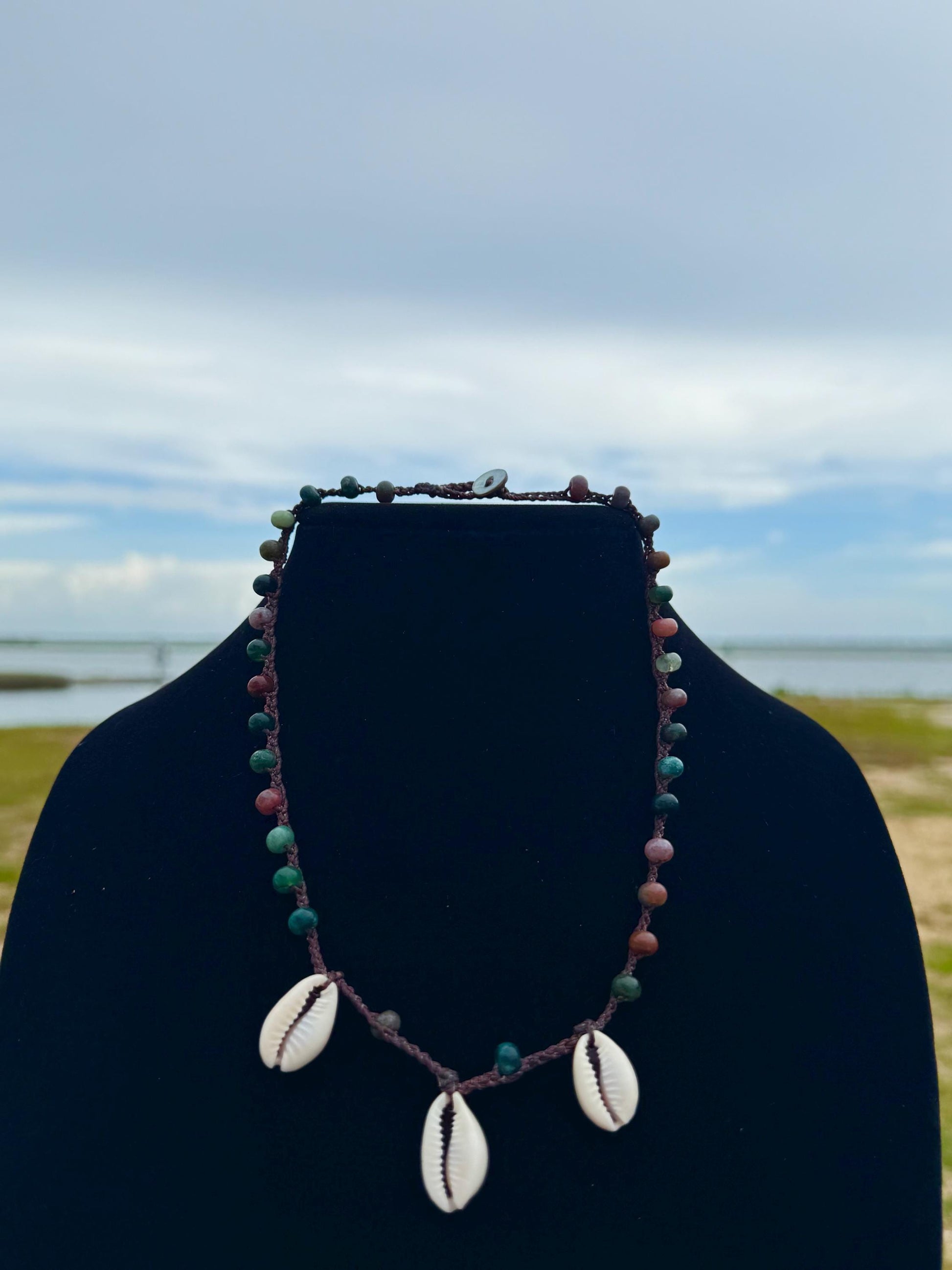 18” jasper triple cowrie handmade necklace