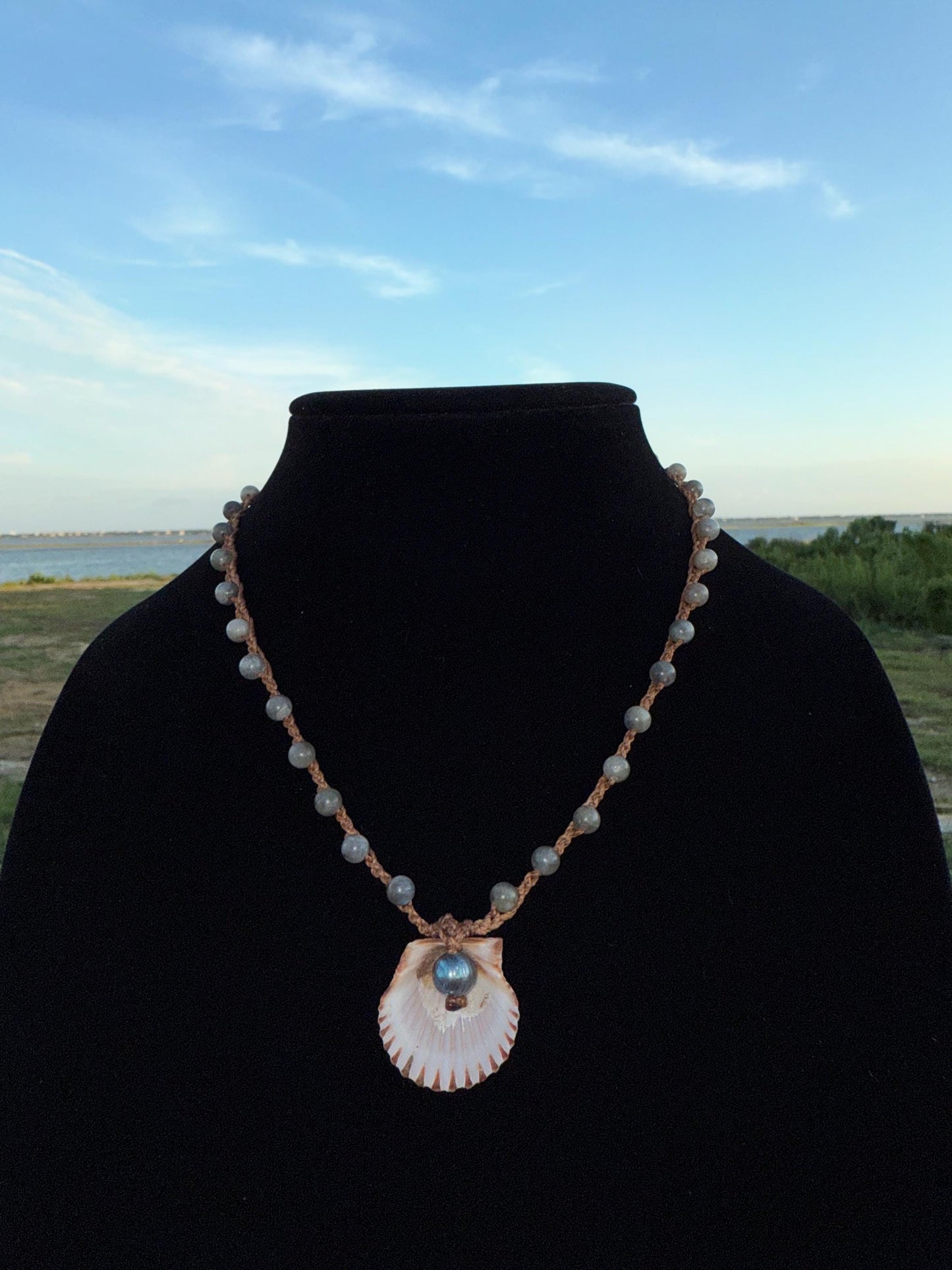 18” labradorite handmade necklace/ Atlantic scallop