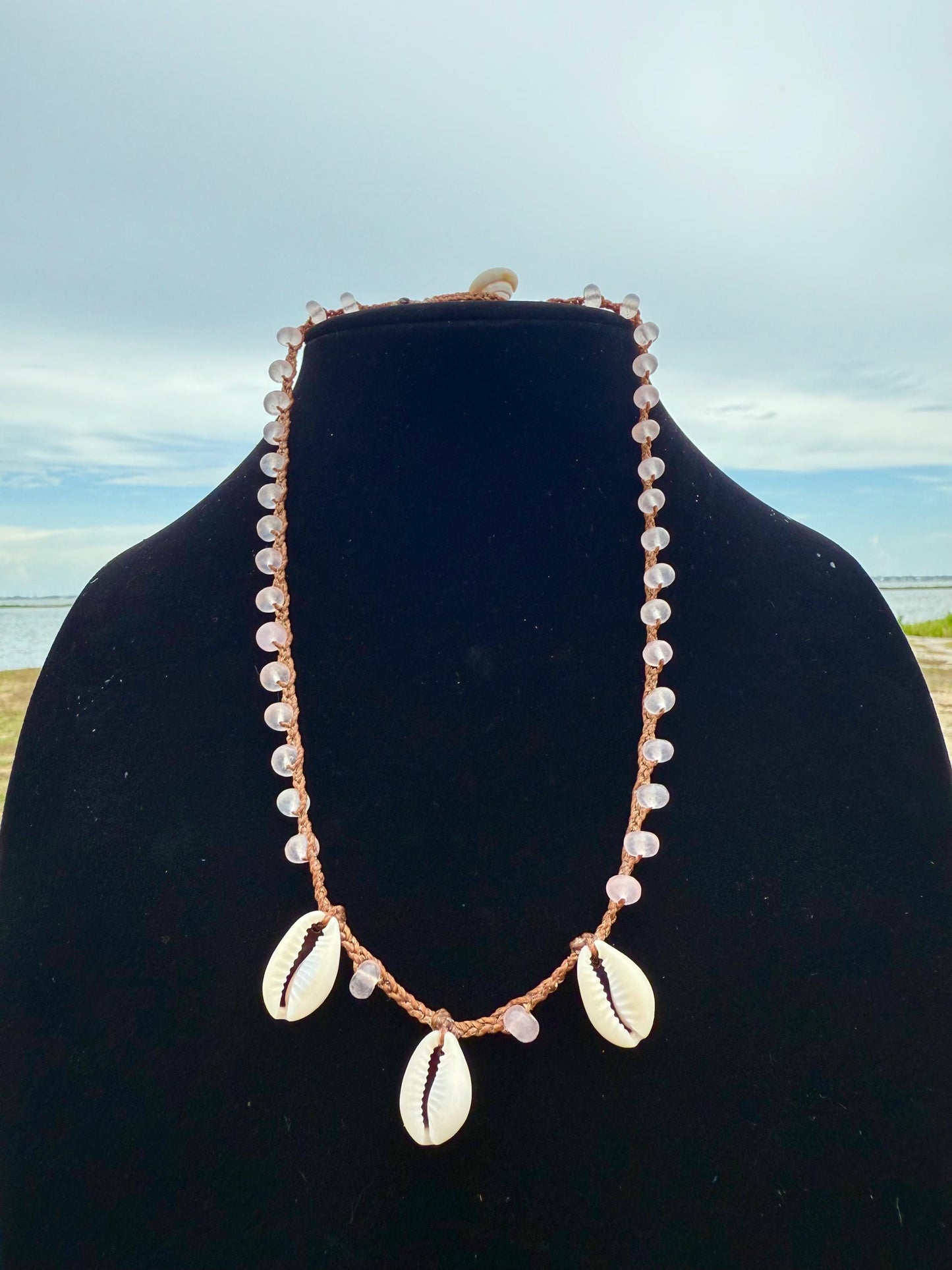 19” rose quartz triple cowrie handmade necklace