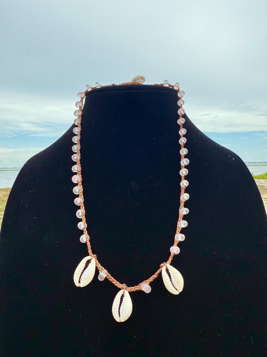 19” rose quartz triple cowrie handmade necklace