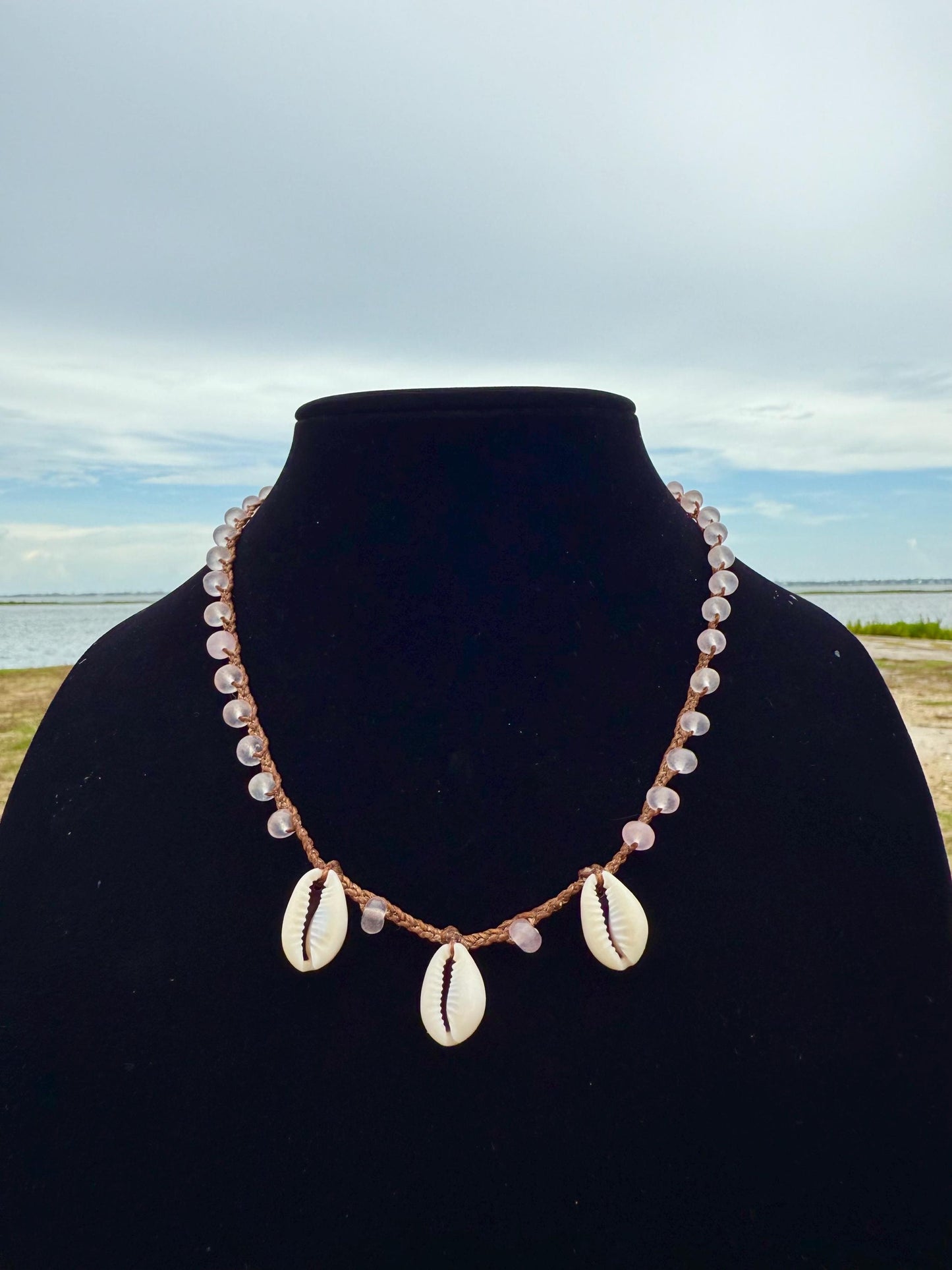 19” rose quartz triple cowrie handmade necklace