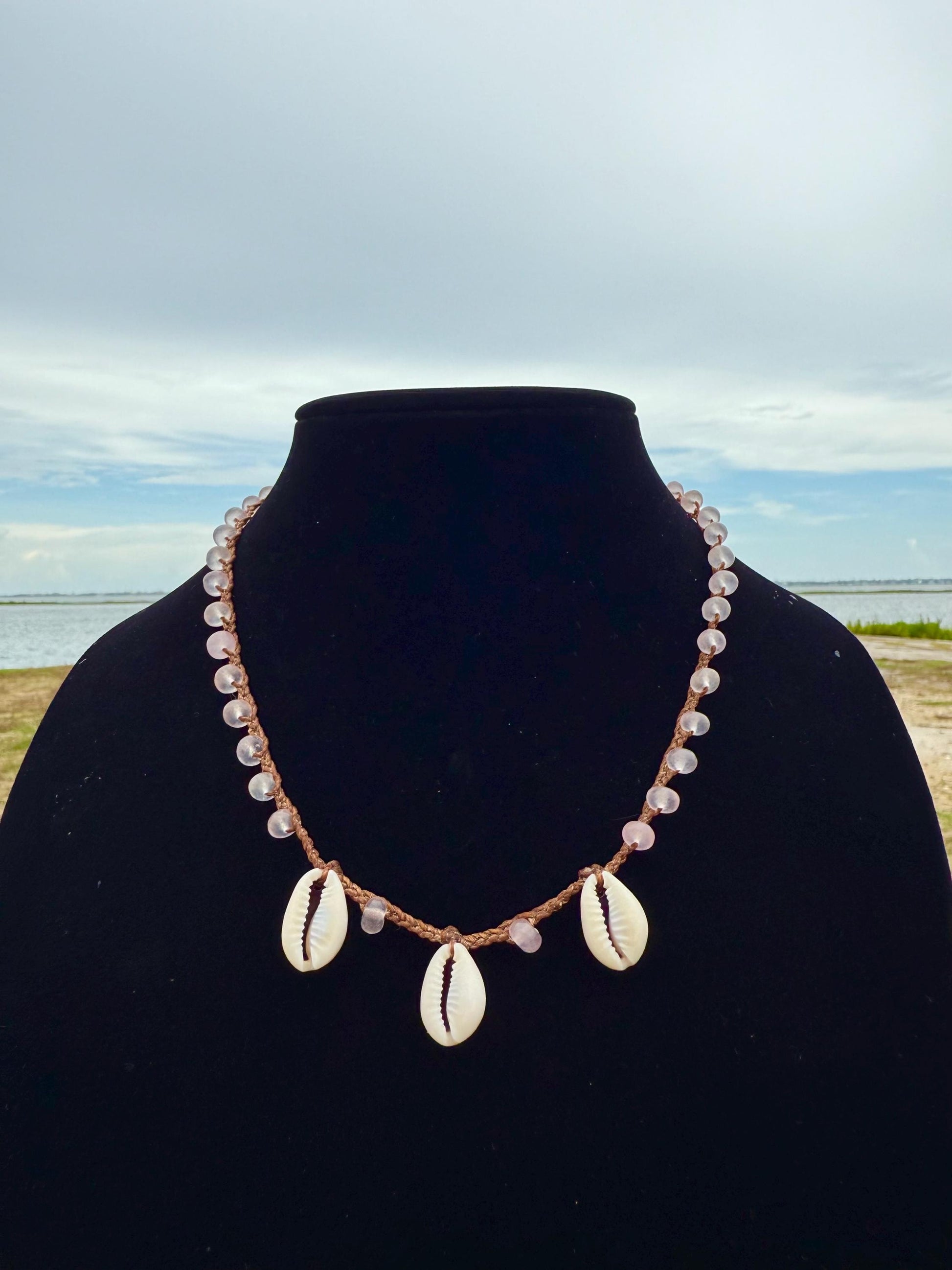 19” rose quartz triple cowrie handmade necklace