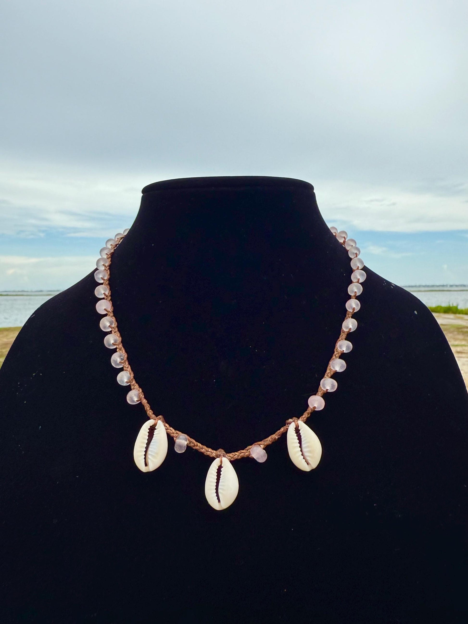 19” rose quartz triple cowrie handmade necklace