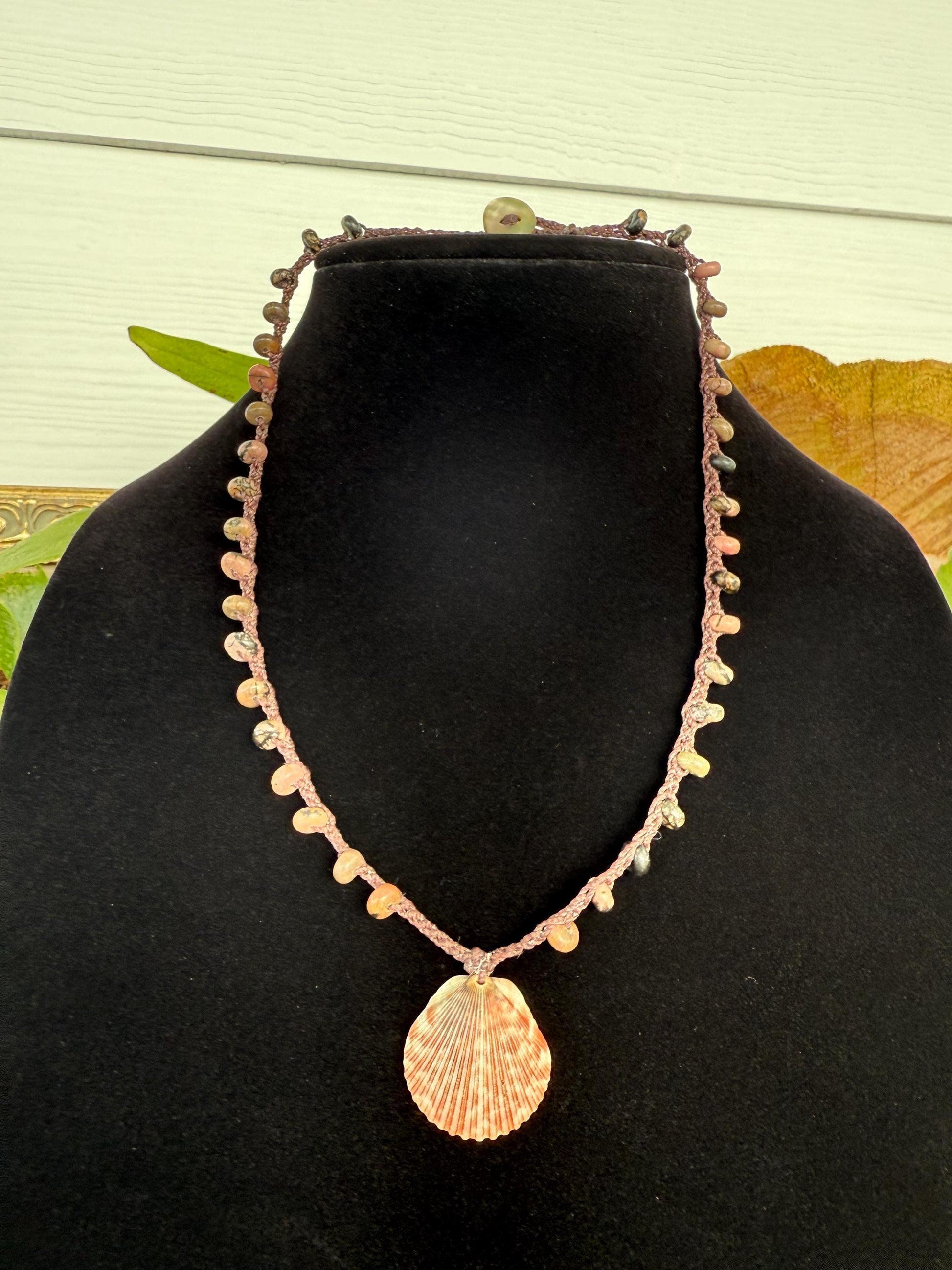 18” jasper handmade necklace/ Atlantic calico scallop shell