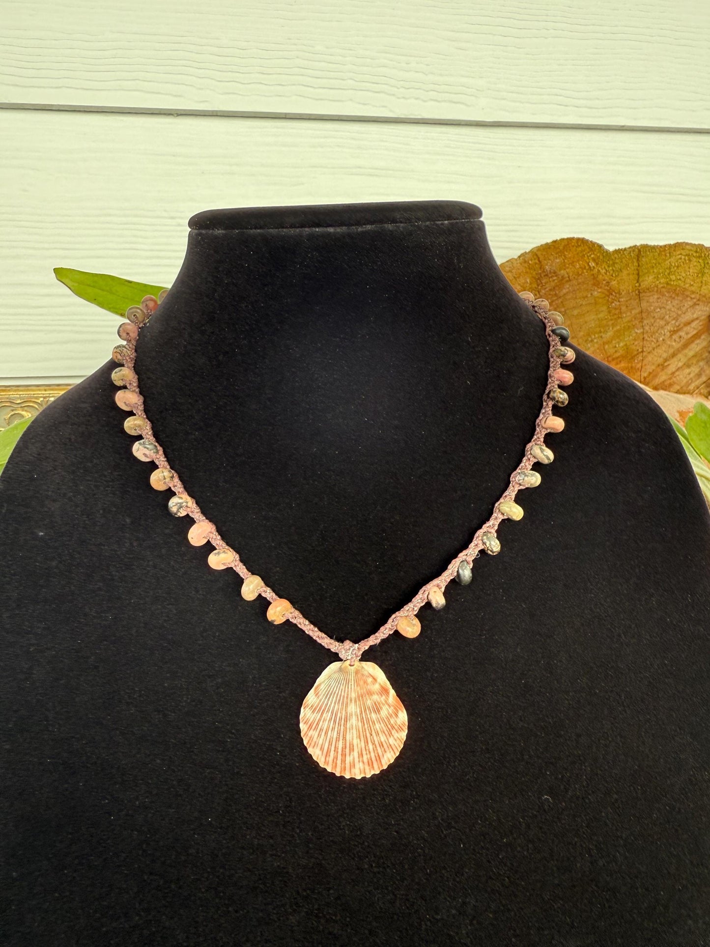 18” jasper handmade necklace/ Atlantic calico scallop shell