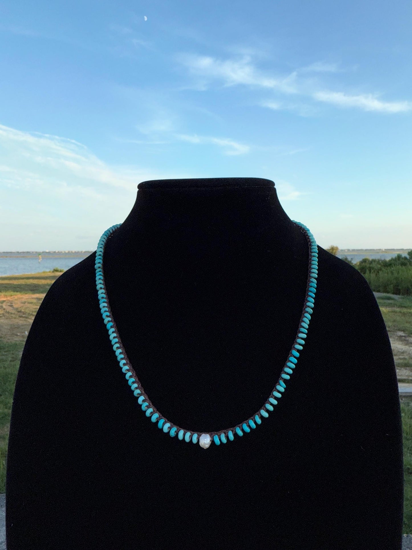 20” natural stone handmade necklace/ pearl center