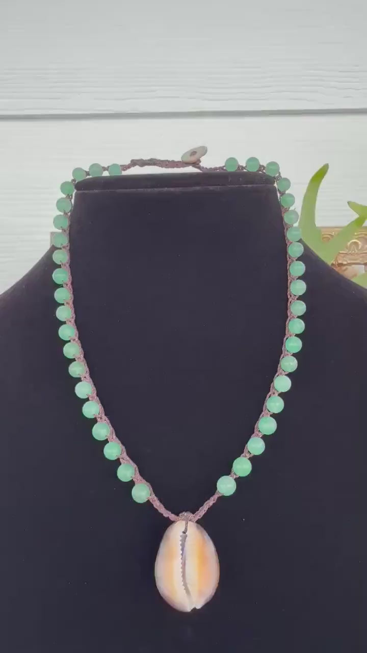 17” aventurine handmade necklace/ serpent head cowrie
