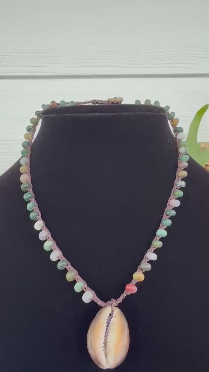 17” Indian agate handmade necklace/ serpent head cowrie