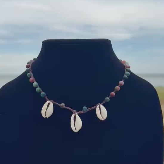 18” jasper triple cowrie handmade necklace