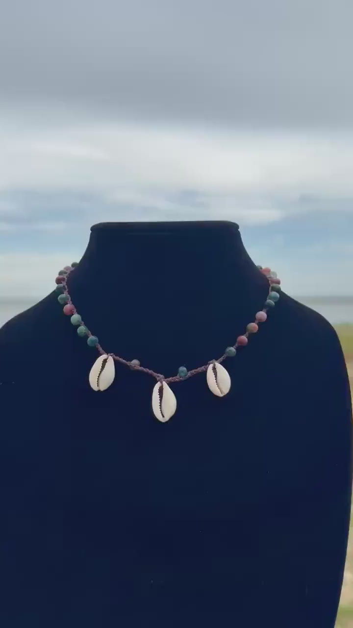 18” jasper triple cowrie handmade necklace