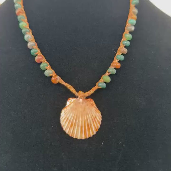 18” Indian agate handmade necklace/ Atlantic calico scallop & pearl