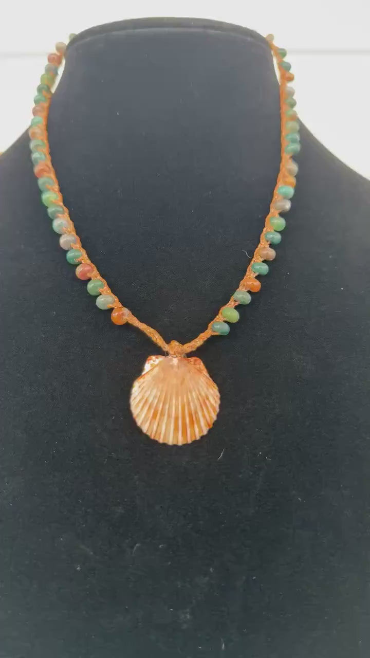 18” Indian agate handmade necklace/ Atlantic calico scallop & pearl