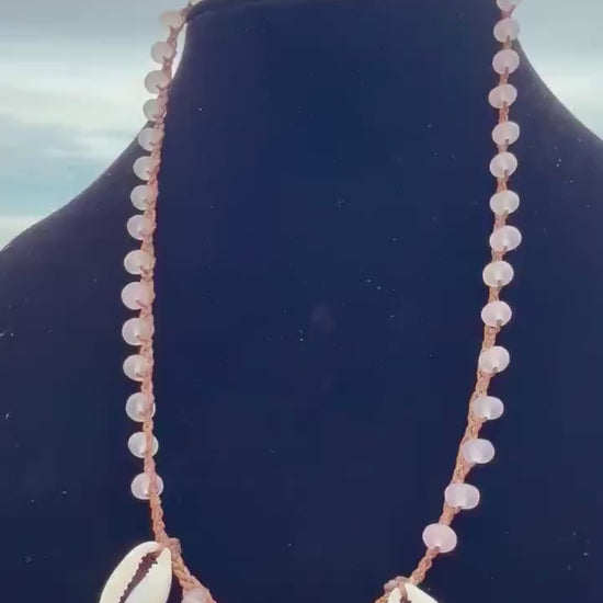 19” rose quartz triple cowrie handmade necklace