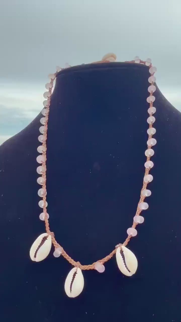 19” rose quartz triple cowrie handmade necklace
